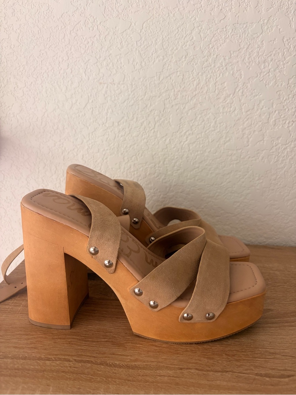 Sam Edelman Suede Tan Platform Clog Heels